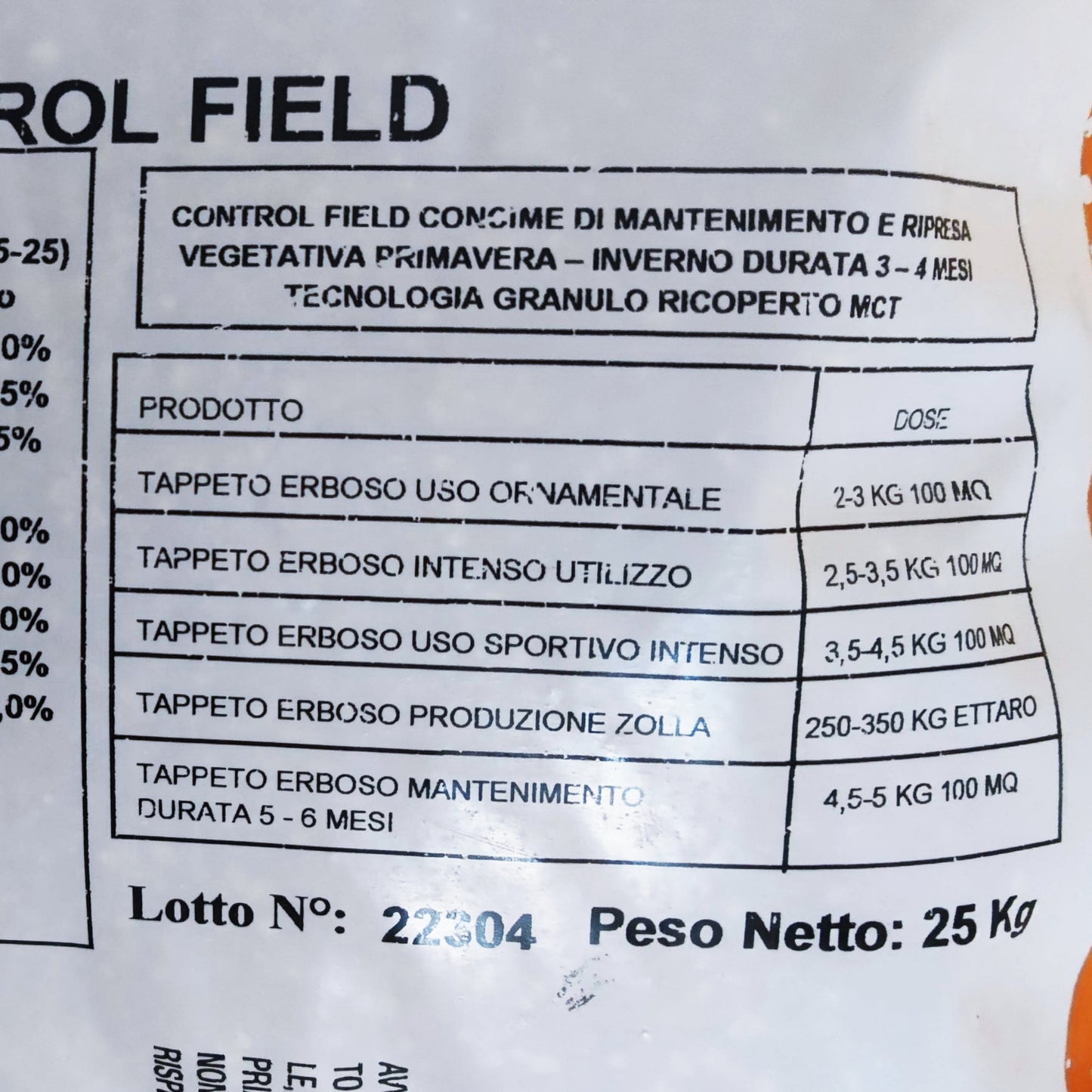 Control Field - Concime per Prato a Lunga Durata Primavera/Autunno - 25 Kg